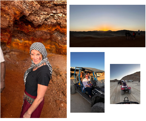 A collage of four images from a trip to Egypt, including a woman in a headscarf, a sunset, and two of people on ATVs.