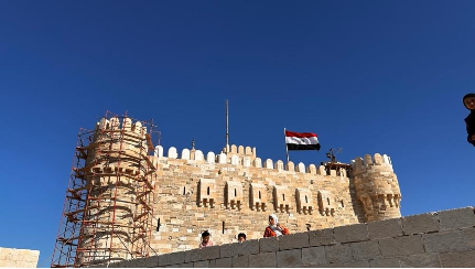 A low angle looking up at the Citadel of Qaitbay in Egypt.